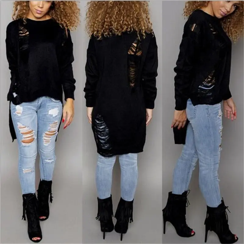 Irregular Tassel Sweater Dress Women Ripped Knitted Sweaters Pullovers Long Sleeve Casual Hollow Out Sweater Gv263 1