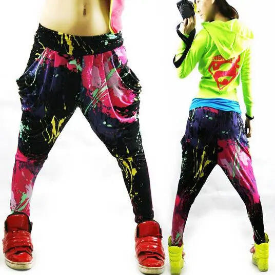Jazz Harem Women Hip Hop Pants Dance Doodle Loose Neon Patchwork Candy Colors Sweatpants J3163 1