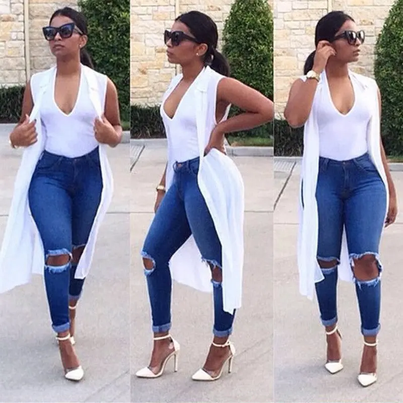Jeans Big Hole Pencil Jeans High Waisted Blue Skinny Ripped Jeans Woman Washed Denim Pants Ladies Trousers 1