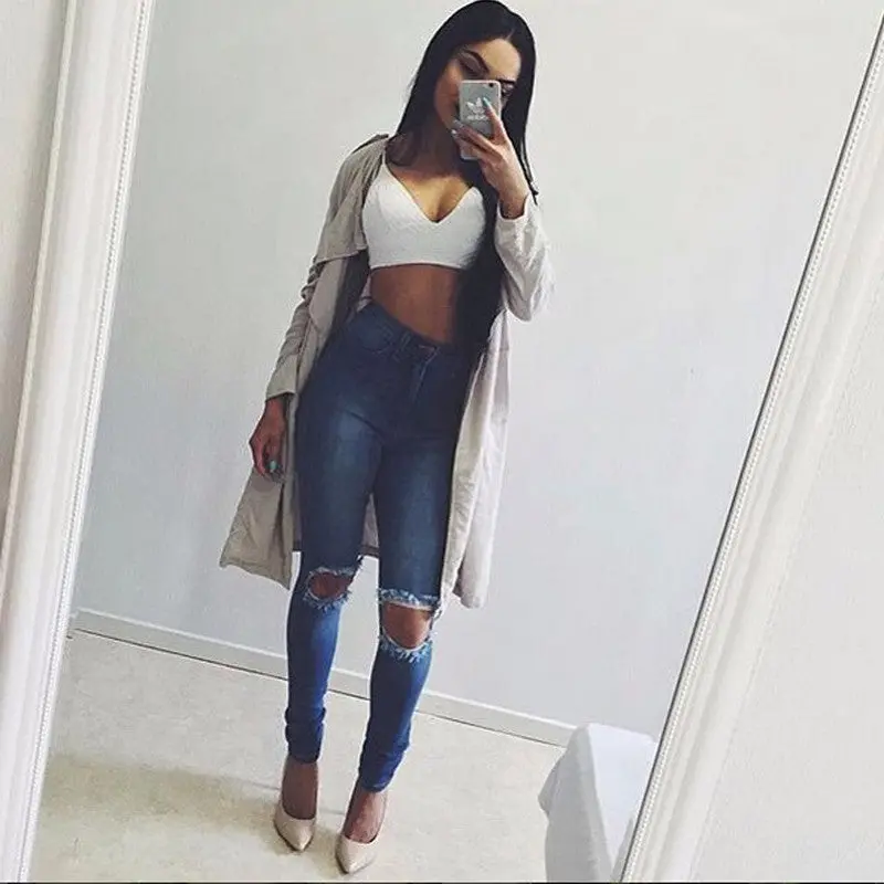 Jeans Big Hole Pencil Jeans High Waisted Blue Skinny Ripped Jeans Woman Washed Denim Pants Ladies Trousers 2