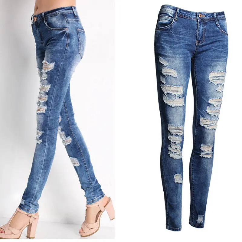 Jeans Woman Ladies Cotton Denim Pants Stretch Ripped Skinny Jeans Womens Bleach Denim Jeans Femme Low Waist Pencil Pants 2