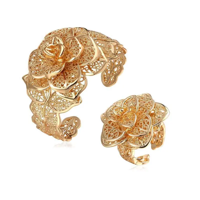 Jewellery Charms 18K Gold Plated Jewelry Set Big Flower Bracelet+Ring Bijoux Skgs 4 1