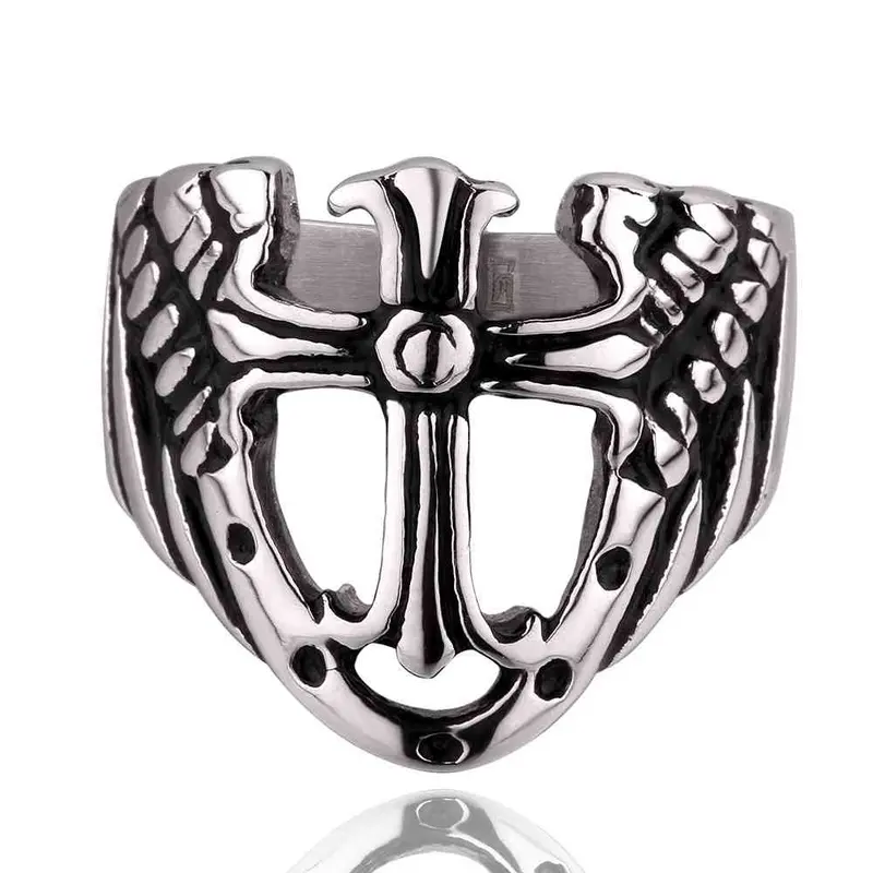 Jewellery Charms Punk Style Stainless Steel Ring Cross And Wing Bague Femme Margarida Mayar 2 2