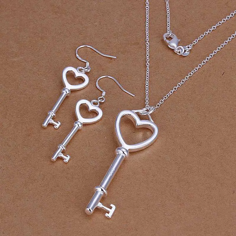 Jewellery Charms Silver Jewelry Sets Round Key Necklace&Earring Sets Bijoux 66 1