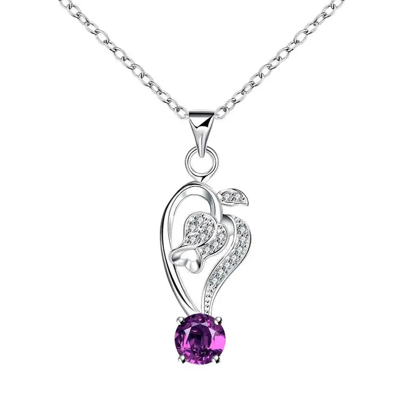 Jewellery Charms Silver Plated Jewelry Necklace Women Hollow Heart Hanging Stone Colar Vintage Wedding 2