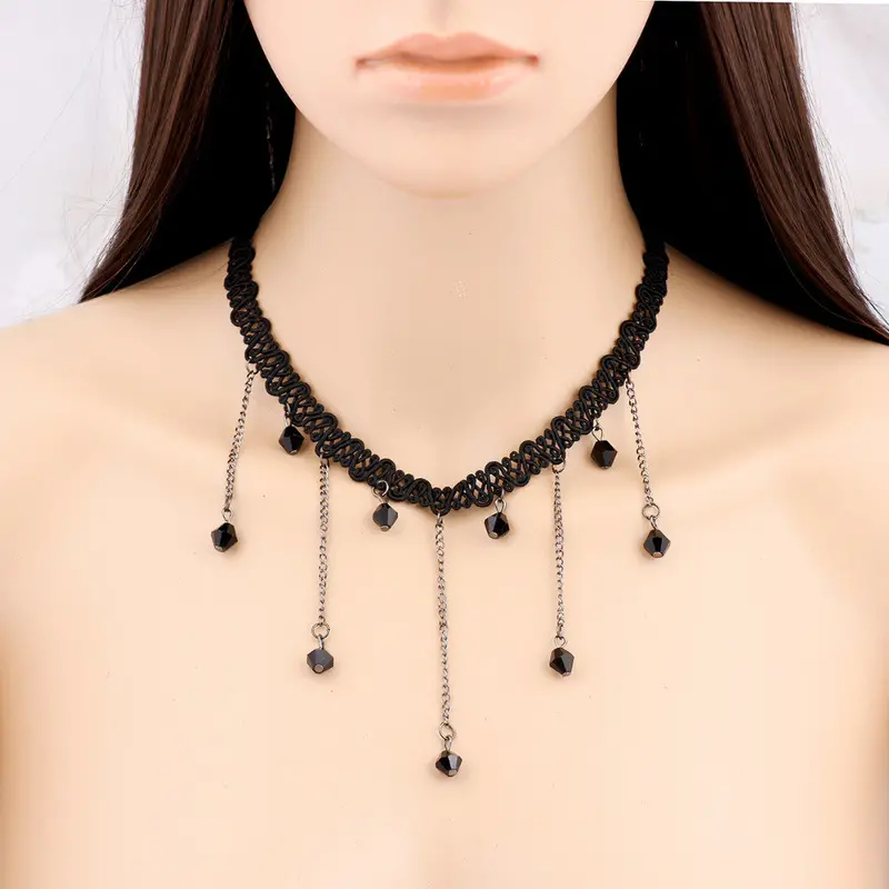 Jewelry Cool Cloth Lace With Crystal Beads Choker Necklace Gift Girl Psxl011 2