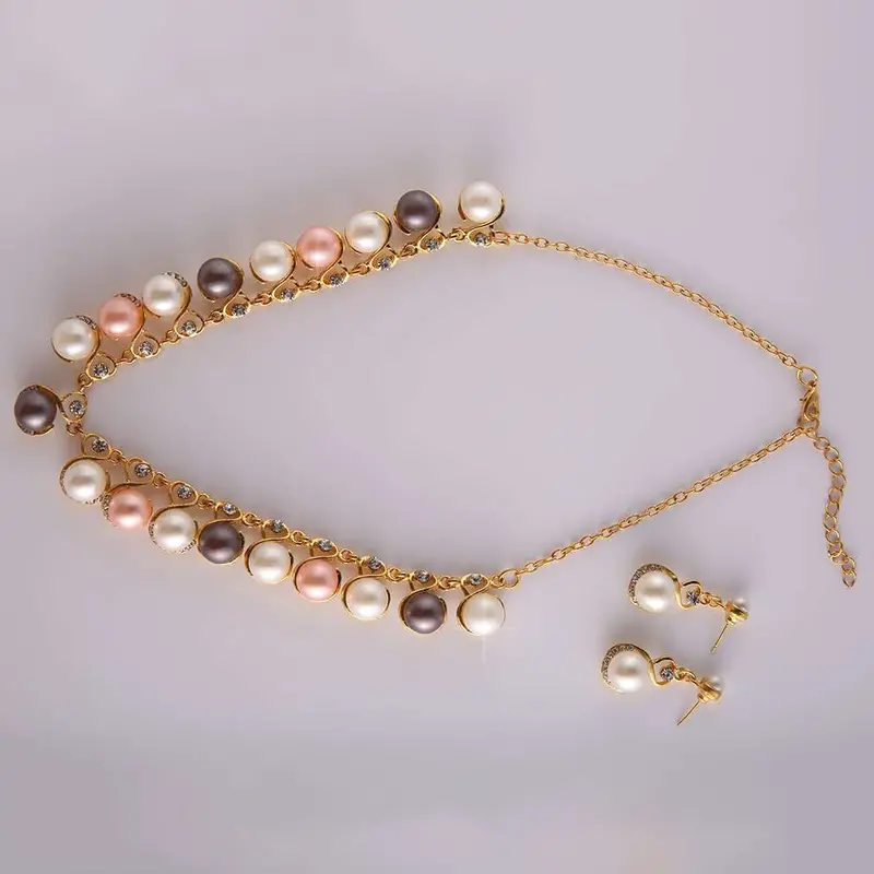 Jewelry Golden Chain Imitation Pearls Rhinestone Necklace Earrings Set Forwedding Party Accessories 2
