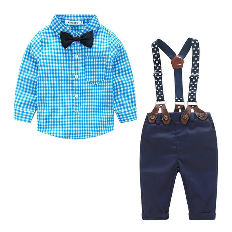 Kids Baby Clothes Grid Shirt Bow Tie + Suspender Long Sleeve Baby Boy Clothes Bowknot Gentleman Plaid Clothing Suit For Born 1