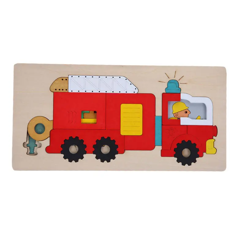 Kids Wooden Multilayer Jigsaw Puzzle Toys Early Education 3D Puzzle Story Cartoon Fire Fighting Truck Puzzle For Children Gift 1