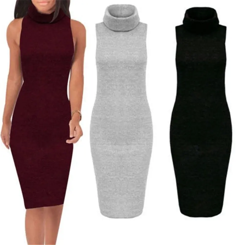 Knitted Dress Bow Neck Slim Basic Dress Women Clothing Sleeveless Sexy Bodycon Dress Lady Pencil Dresses 1
