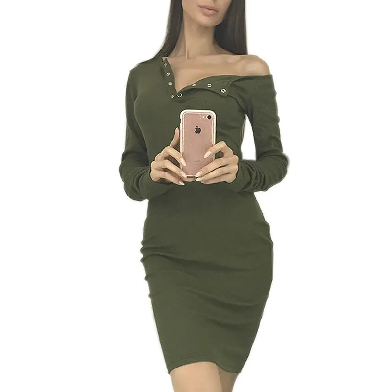 Knitted Dresses Long Sleeve One Shoulder Button Sexy Knitwear Dress Knitting Bodycon Dress Vestidos Gv412 1