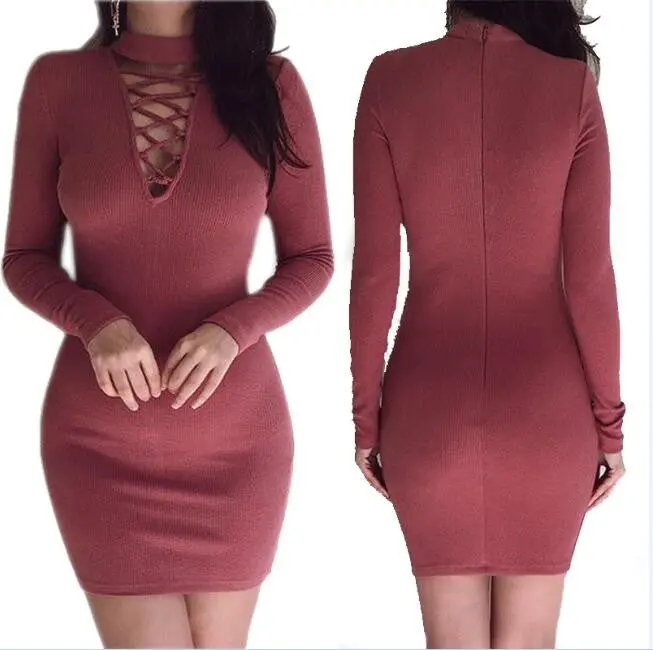 Knitted Long-Sleeve Bodycon Dress – O-Neck Zipper Sheath Style