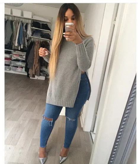 Knitted Women Casual Sweater Plus Size Knitwear Split Pullover Sweater Sweaters J4158 1