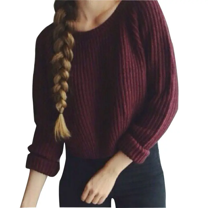 Knitted Women Sweaters And Pullovers Short Cropped Sweater O Neck Solid Color Long Sleeve Knitted Sweater 1