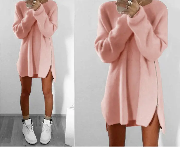 Knitting Sweater Dress Women Casual Loose Zippers Sweater Dresses Long Sleeve Vestidos Mini Dress 1