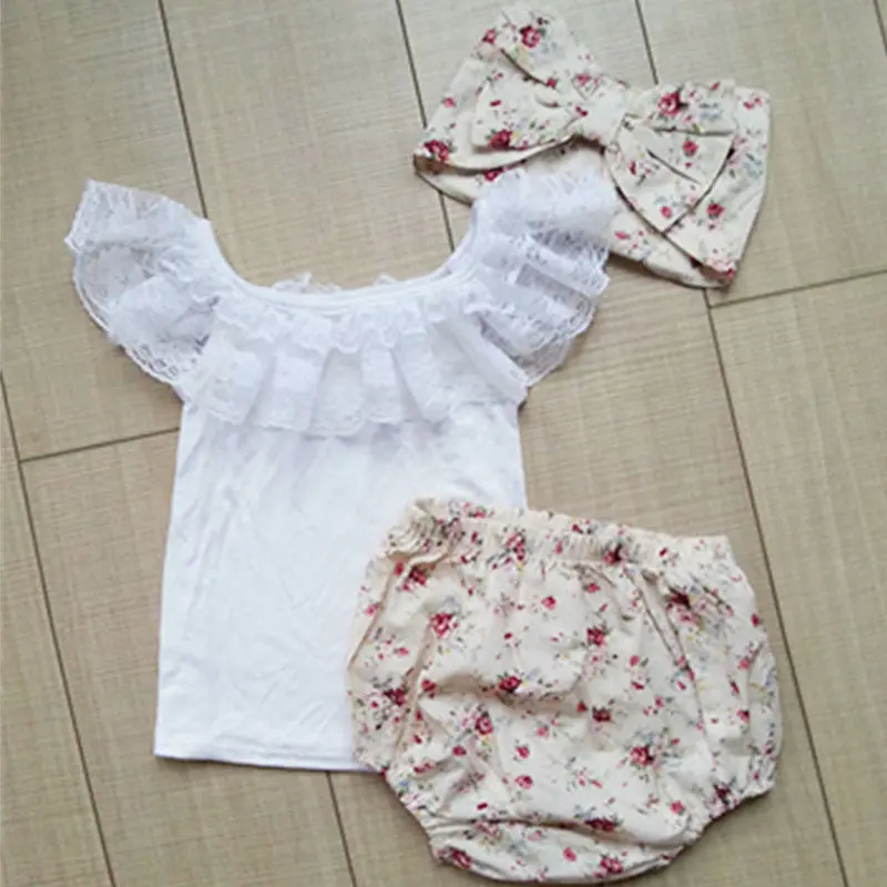 Korean Baby Girls Clothing Children Bow Headwear Shirt+Shorts Suit 3 Pcs Kids Polka Floral Clothes Suit 1