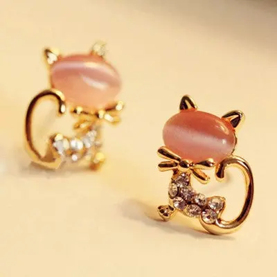Korean Cute Cat Stone Crystal Rhinestone Women Stud Earrings Jewelry 2
