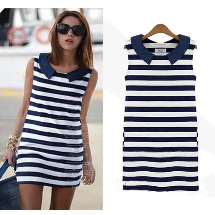 Korean Denim Peter Pan Collar Sleeveless Casual Slim Striped Dresses Vestidos Feida 1