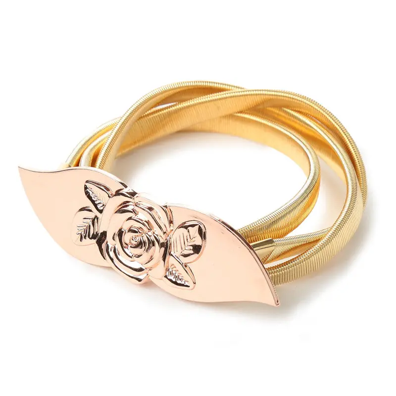 Korean Fashion Women Gold/Silver Elastic Waist Bel Metal Chain Rose Buckle Sash Elegant Waistband Dress Accessory Ceinture Femme 1