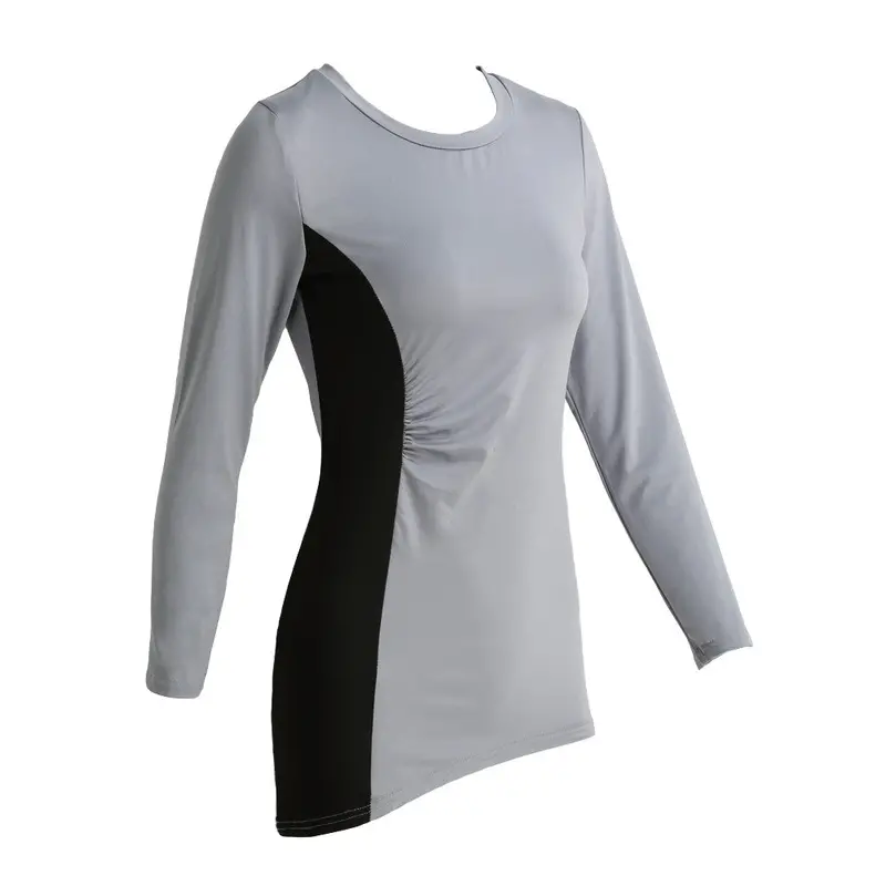 Korean New Fashion T-Shirt Women Contrast Stripe Splice Long Sleeve Roupas Asymmetric Hem Ruched Slim Long Blusass 1