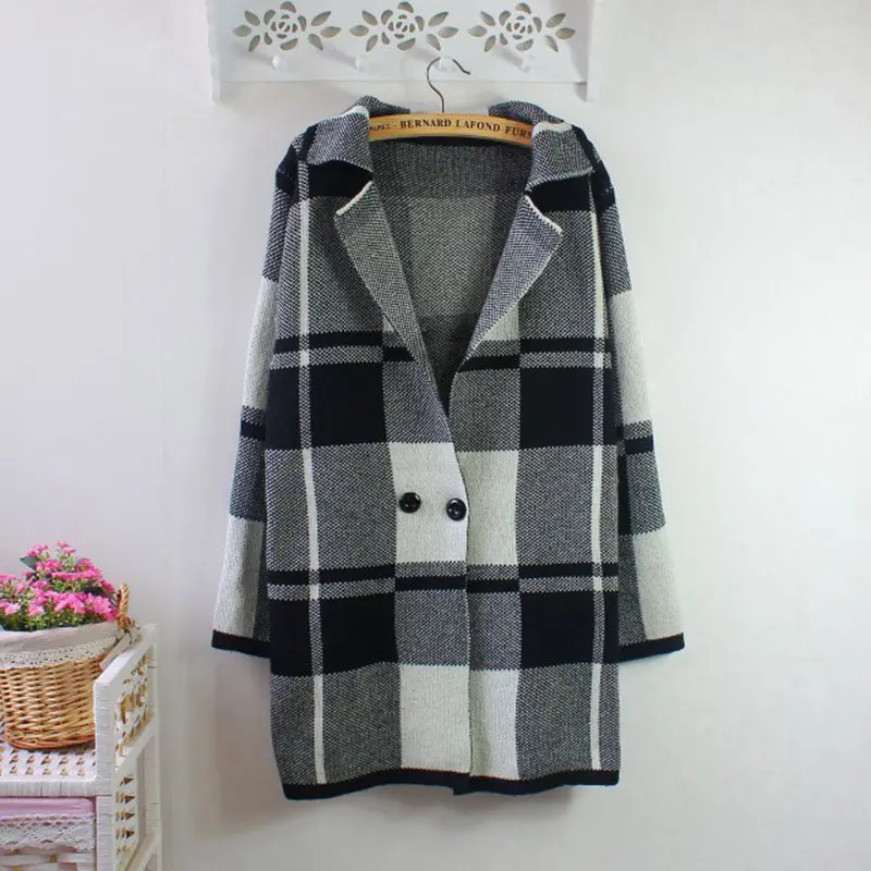 Korean Style Knitted Cardigan Sweater Women Loose Casual Coat Plaid Long Knitwear Warm Knitted Sweaters Df 1