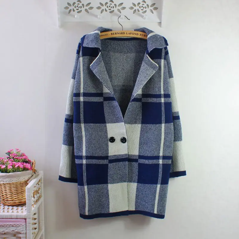 Korean Style Knitted Cardigan Sweater Women Loose Casual Coat Plaid Long Knitwear Warm Knitted Sweaters Df 2
