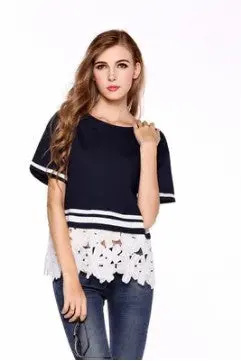 L-4Xl Lace Flower Pachwork T Shirt Lace Hollow Out White Stripe Shirt Plus Size Women Clothing Short Sleeve Blusas 1