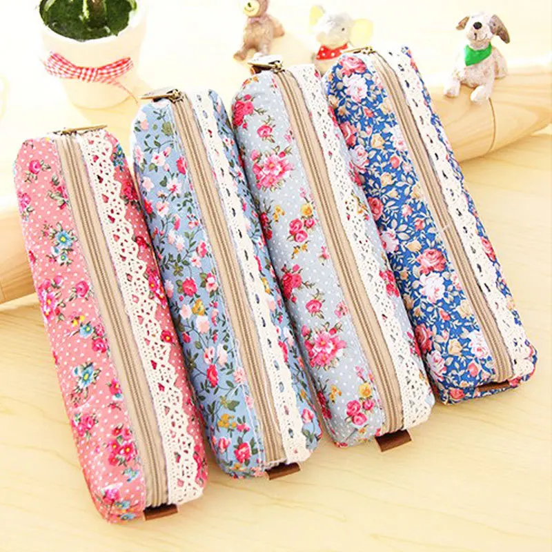Lace Canvas Flower Floral Pencil Makeup Bag Cosmetic Zipper Pouch Purse Pen Case49170 1