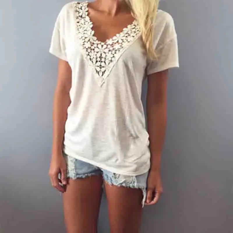 Lace Crochet T Shirt Women Short Sleeve V Neck Tops T Shirt Plus Size Loose Knit T Shirts For Women 1