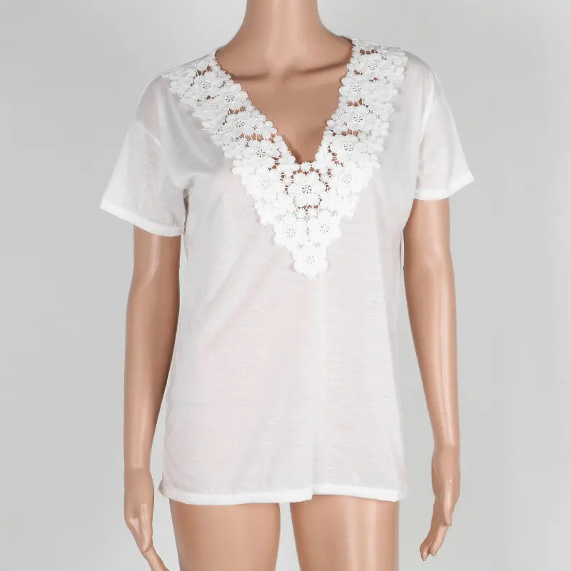 Lace Crochet T Shirt Women Short Sleeve V Neck Tops T Shirt Plus Size Loose Knit T Shirts For Women 2