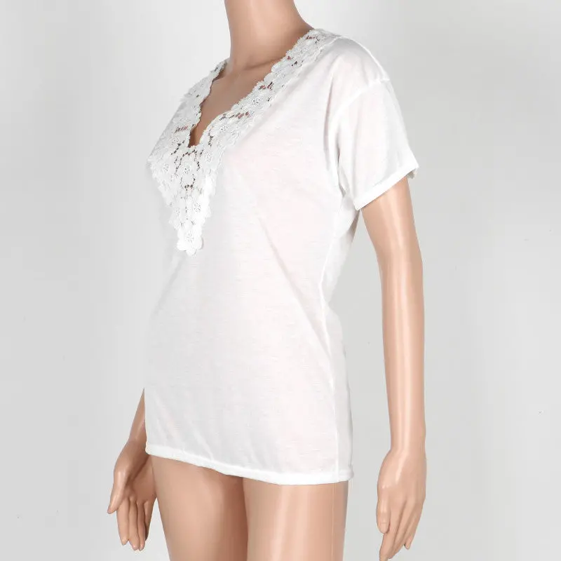 Lace Crochet T Shirt Women Short Sleeve V Neck Tops T Shirt Plus Size Loose Knit T Shirts For Women 3