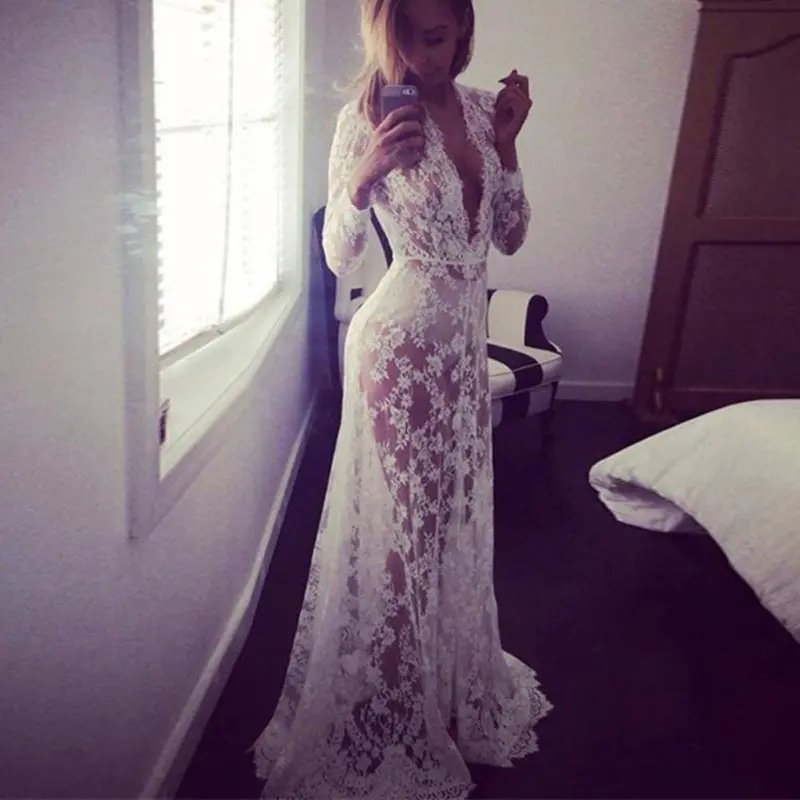 Lace Dress Women Floorlength White Sexy Dress Adjust Waist Sexy See Through Floral Vestido Beachwear Sundress 1