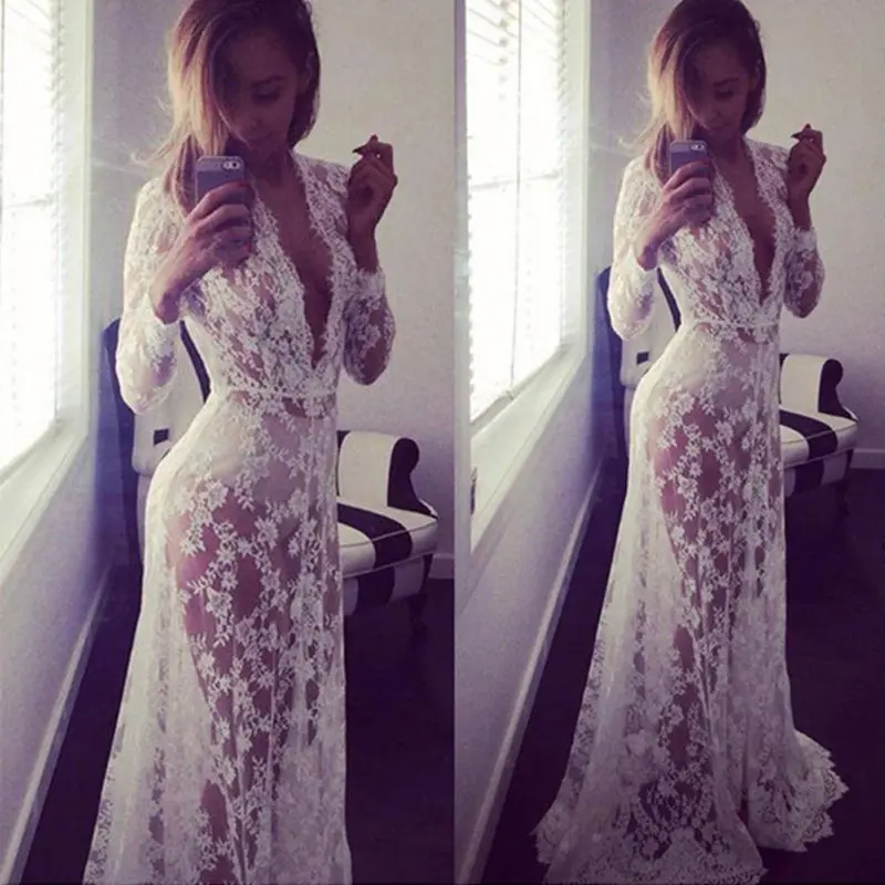 Lace Dress Women Floorlength White Sexy Dress Adjust Waist Sexy See Through Floral Vestido Beachwear Sundress 2
