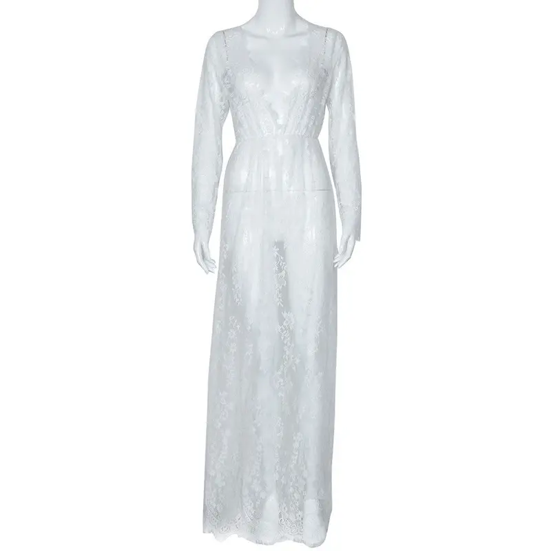 Lace Dress Women Floorlength White Sexy Dress Adjust Waist Sexy See Through Floral Vestido Beachwear Sundress 3