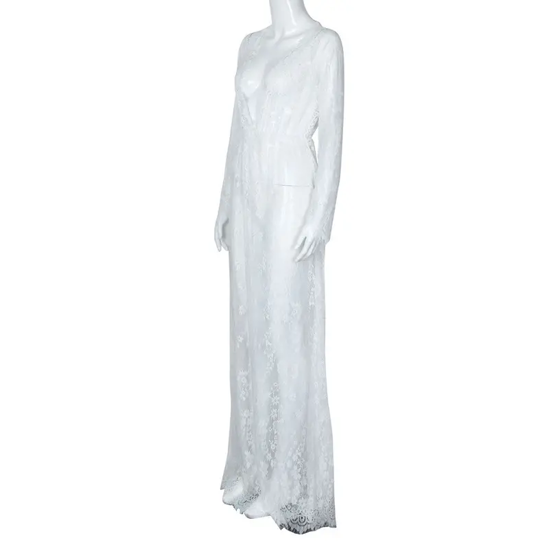 Lace Dress Women Floorlength White Sexy Dress Adjust Waist Sexy See Through Floral Vestido Beachwear Sundress 4