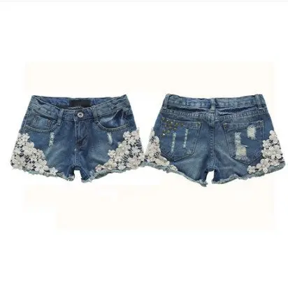 Lace Floral Beading Denim Shorts Retro Rivet Jean Shorts Flange Hole Short Feminino Washed Ripped Women Shorts Xxl 1