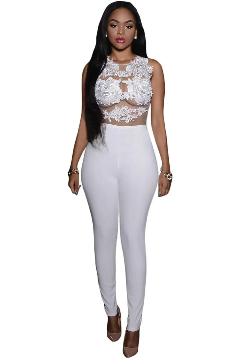 Lace Full Bodysuit Top Transparent Mesh Embroidery Off Shoulder Sexy White Jumpsuits Bodycon Club Wear Combinaison Femme 1