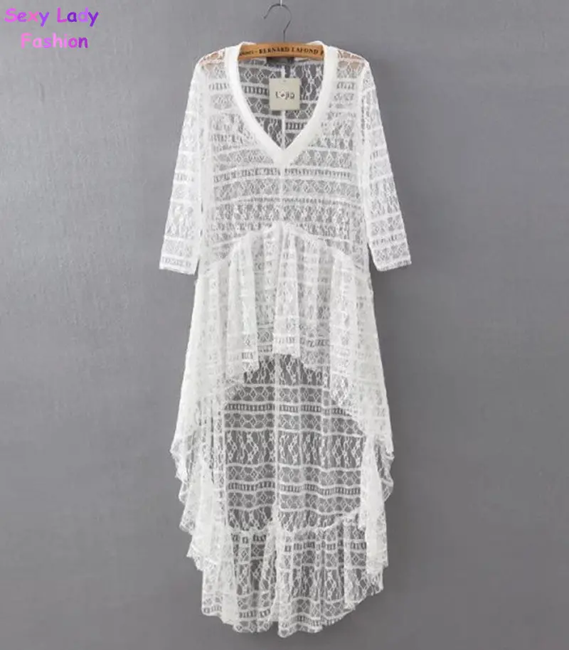 Lace Hollow Out Hi-Lo Ruffles Hem Long Shirt Women's Sexy Semi Sheer V Neck Half Sleeve Sexy Shirt Blouse Tops 3