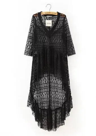 Lace Hollow Out Hi-Lo Ruffles Hem Long Shirt Women's Sexy Semi Sheer V Neck Half Sleeve Sexy Shirt Blouse Tops 4