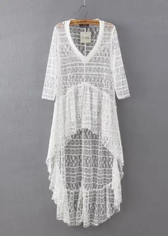 Lace Hollow Out Hi-Lo Ruffles Hem Long Shirt Women's Sexy Semi Sheer V Neck Half Sleeve Sexy Shirt Blouse Tops 5