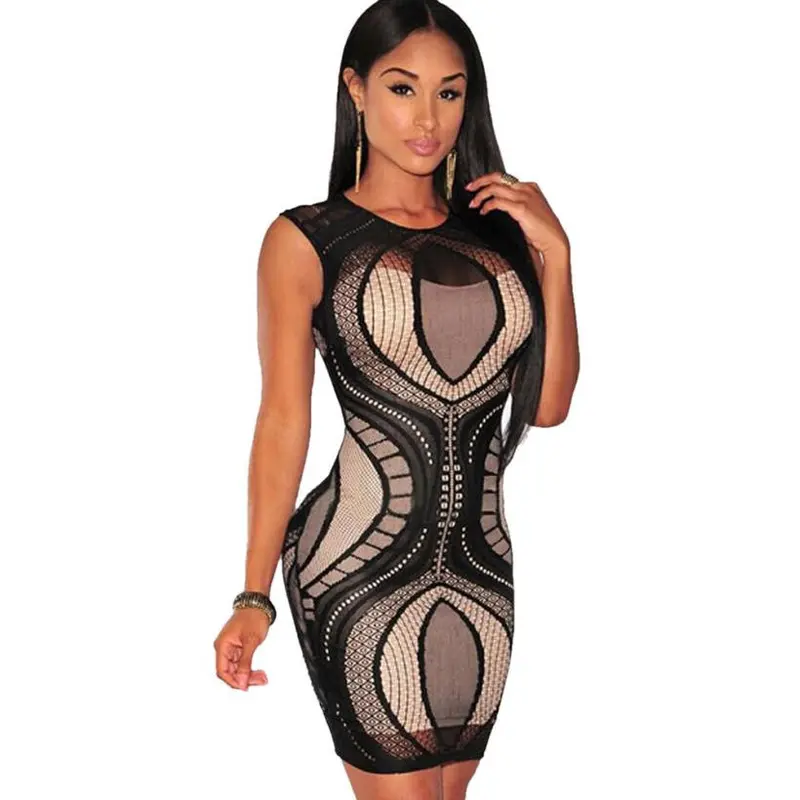 Lace Material Fashion Women Long Sleeve O-Neck Mini Dress Joining Together Evening Sexy Semi Perspective Slim Dresses 5