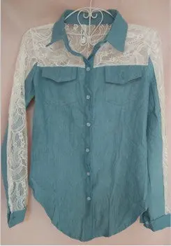 Lace Patchwork Denim Shirts Blue Long Sleeve Turn Down Collar Jeans Blouse Women Shirts Plus Size Blusa Feminina 1