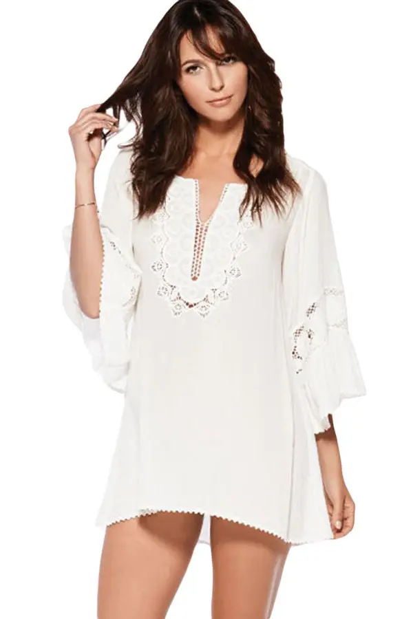 Lace Stitching Sexy White Beach Dress Mini Bikini Cover Up Swimwear Beachwear Dresses Bathing Suit Cover Ups 1