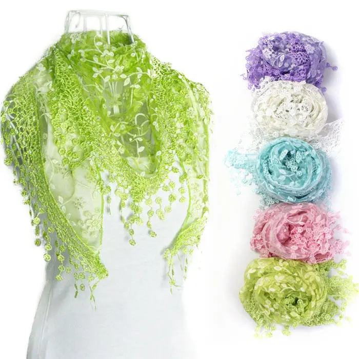 Lace Tassel Sheer Burntout Floral Print Triangle Mantilla Scarf Wrap Shawl Alipower 1
