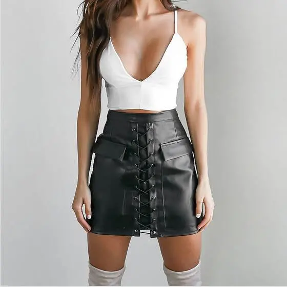 Lace Up Bandage Skirt Explosion Womens Cross High Waist Zipper Bodycon Skirts Sexy Elegant Pu Leather Skirt Gv451 1