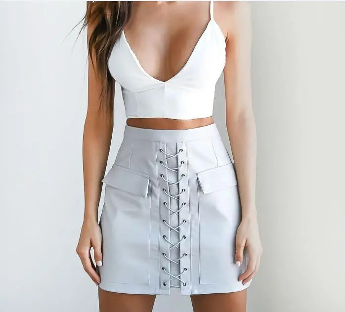 Lace Up Bandage Skirt Explosion Womens Cross High Waist Zipper Bodycon Skirts Sexy Elegant Pu Leather Skirt Gv451 4