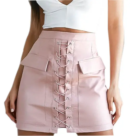 Lace Up Bandage Skirt Explosion Womens Cross High Waist Zipper Bodycon Skirts Sexy Elegant Pu Leather Skirt Gv451 5