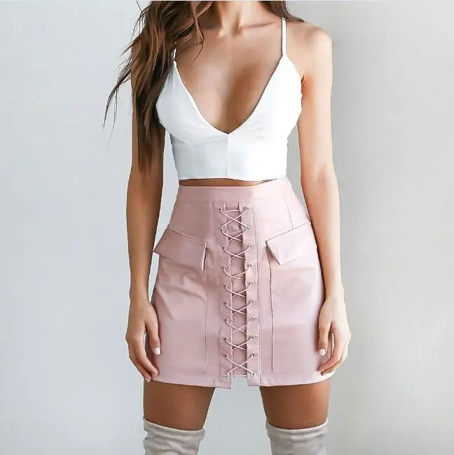 Lace Up Bandage Skirt Explosion Womens Cross High Waist Zipper Bodycon Skirts Sexy Elegant Pu Leather Skirt Gv451 7