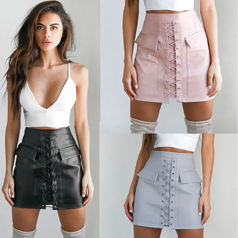 Lace Up Bandage Skirt Explosion Womens Cross High Waist Zipper Bodycon Skirts Sexy Elegant Pu Leather Skirt Gv451 8