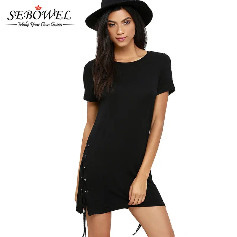 Lace Up Both Sides Cotton Little Black T Shirt Dress Casual Dress Pencil Short Sleeve Brief Skater Short Dress 4